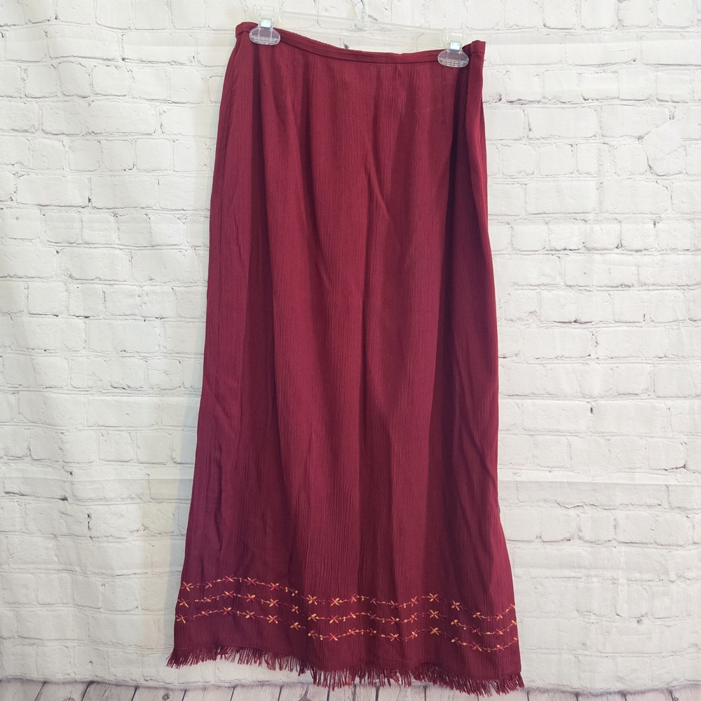 Norton McNaughton Burgundy Maxi Skirt Sz M Fringe Embroidery buttons Cottagecore